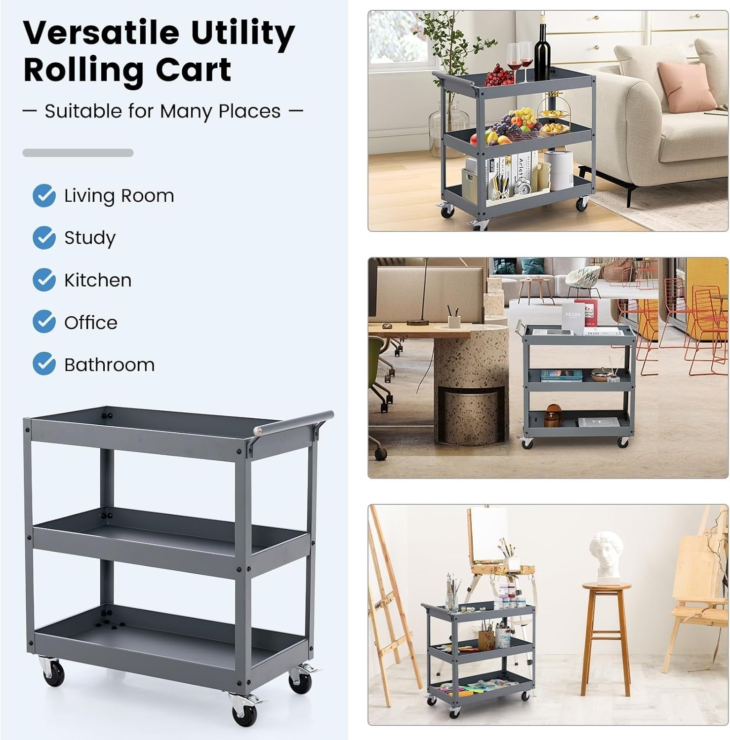 3 Tier Heavy Duty Tool Trolley Rolling Utility Storage Cart Grey