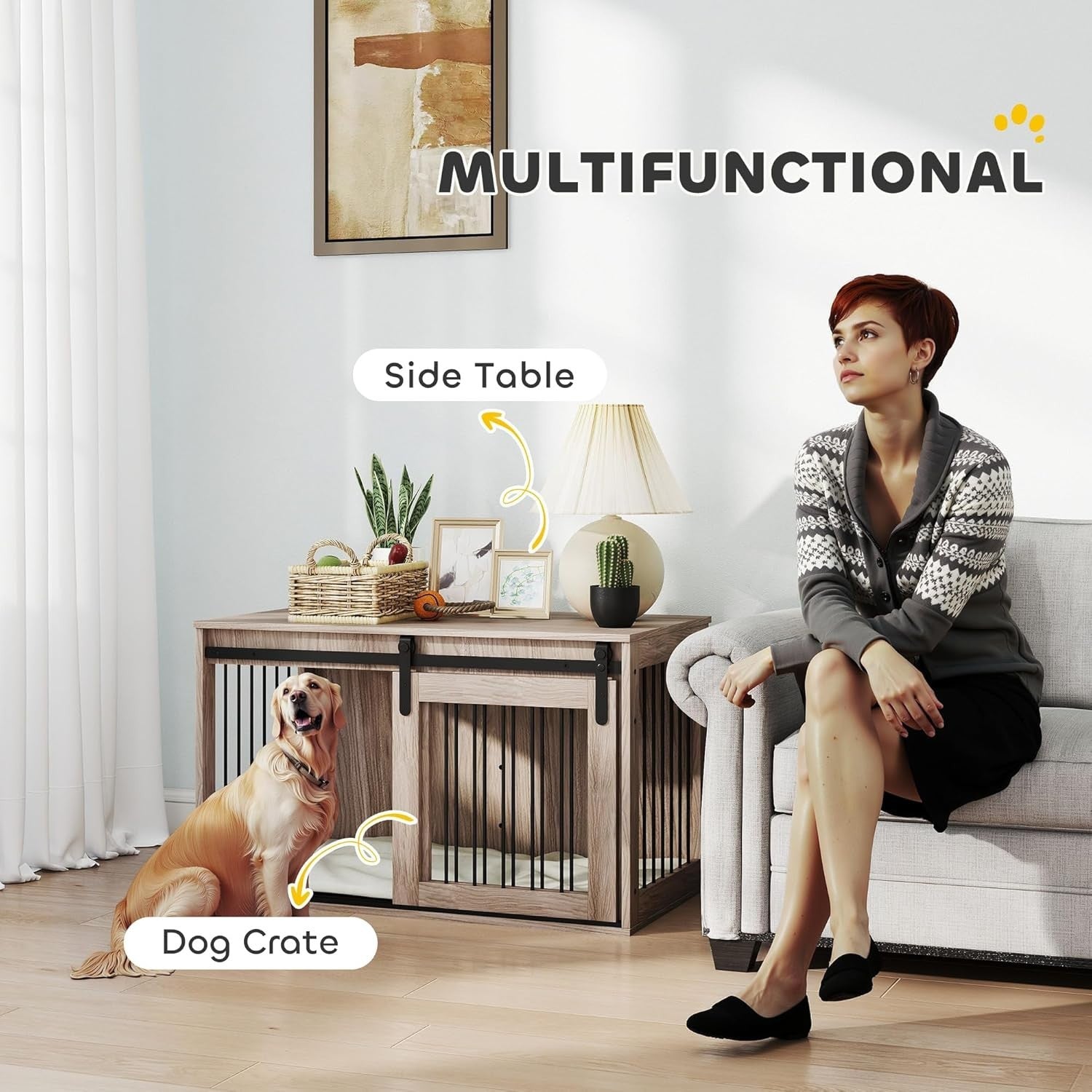Large Indoor Dog Crate Furniture with Sliding Barn Door & Washable Cushion