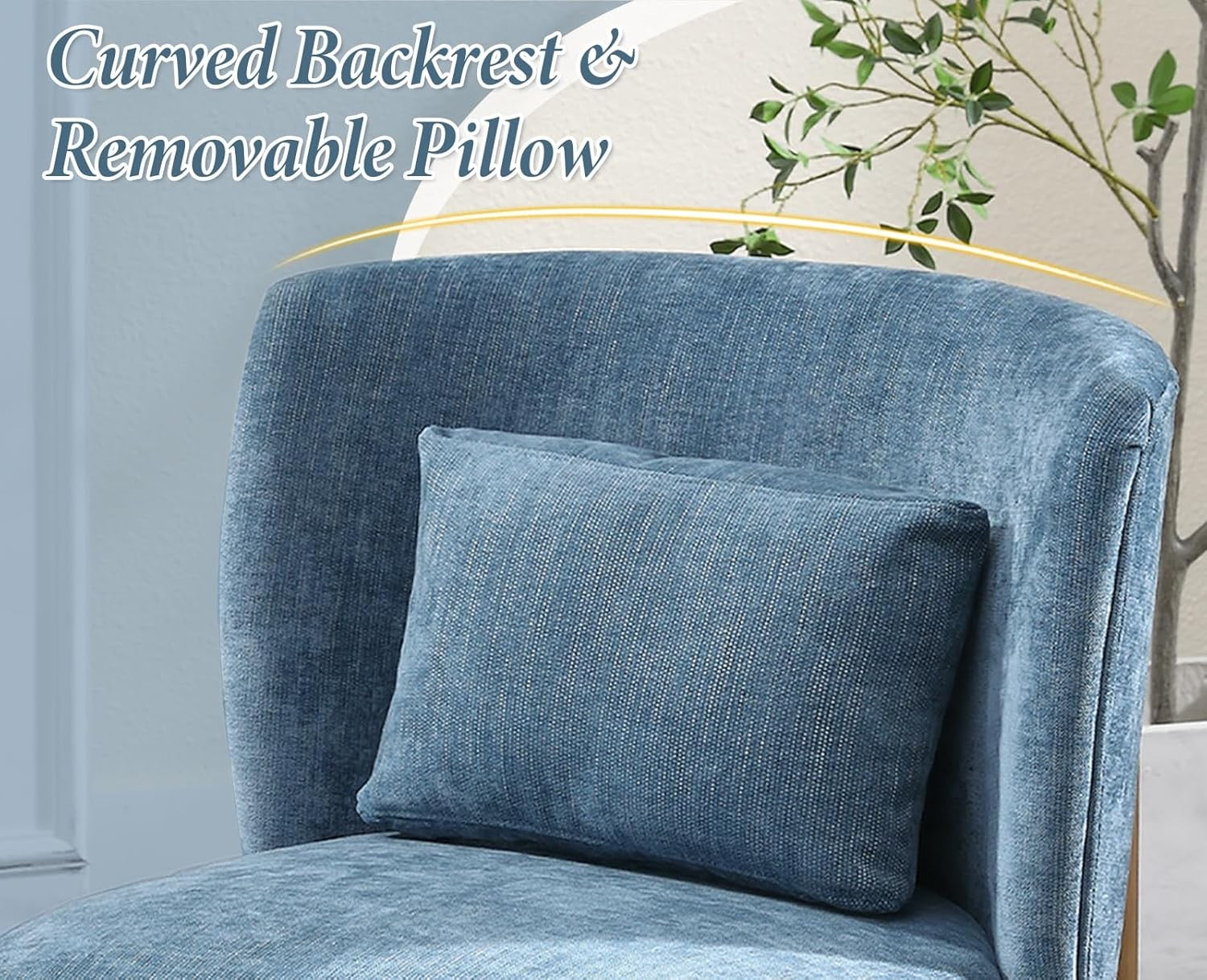 Blue Chenille Accent Chair Armless Tub Chair with Pillow & Wood Legs