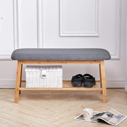 2-Tier Bamboo Shoe Rack Bench with Linen Padded Seat & Storage Grey