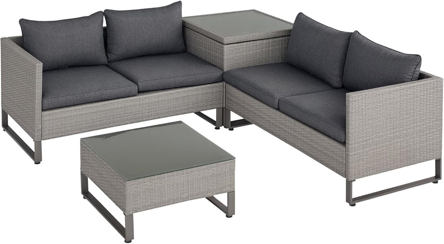 4-Piece Outdoor Rattan Sofa Set with Storage Table & Cushions Grey