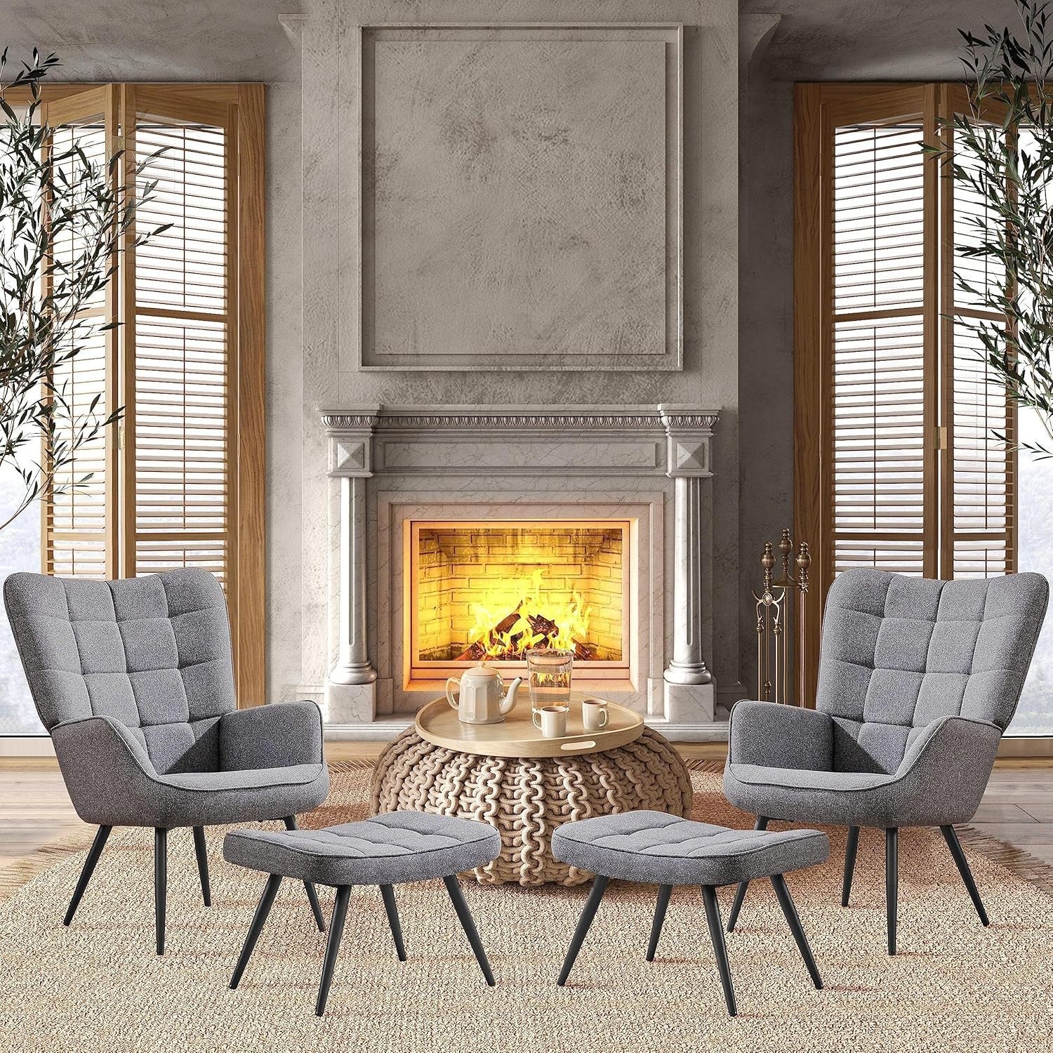 Modern Gray Linen Accent Armchair with Ottoman, High Back & Metal Legs Set