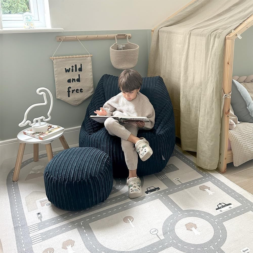 Kids Navy Corduroy Bean Bag Chair + Footstool – Washable, 70x80x60cm