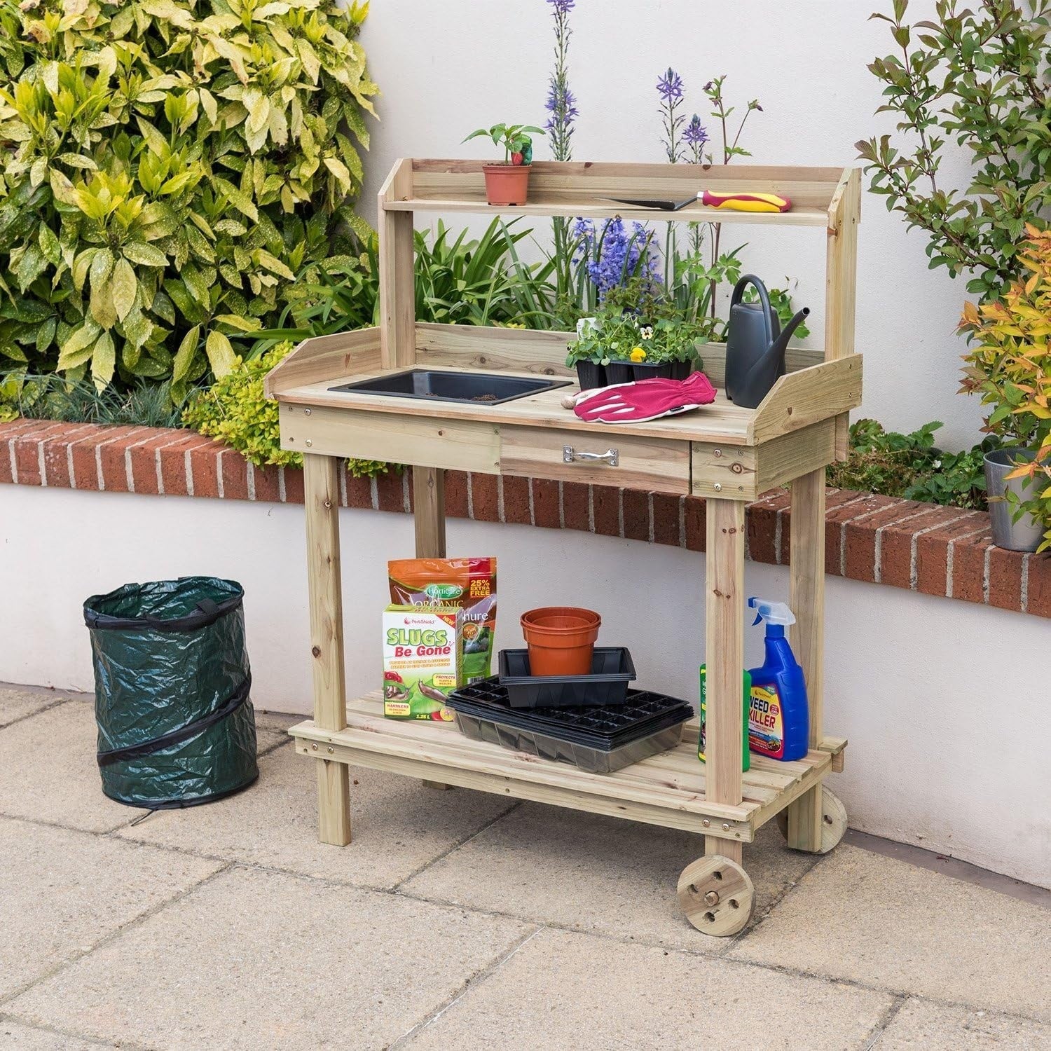 Wooden Garden Potting Table With Wheels Tray Drawer Shelves Outdoor Bench