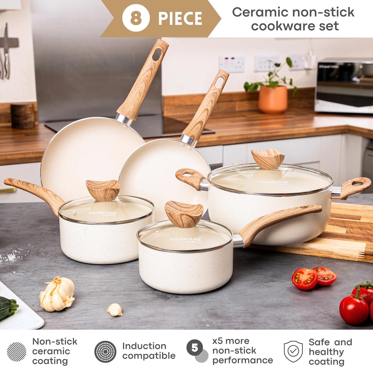8pcs Cream Granite Non Stick Cookware Set with Lids – Induction Safe Pots