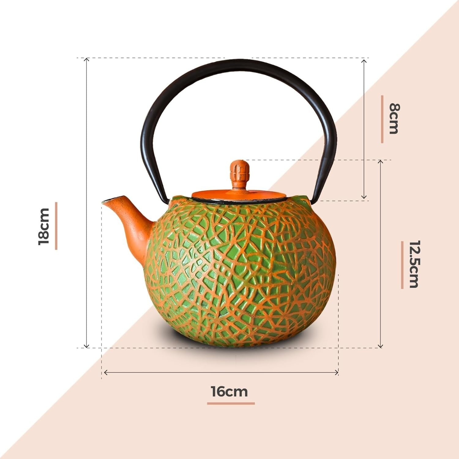 Cast Iron Teapot 800ml Tetsubin Tea Pot w/ Infuser Orange Green