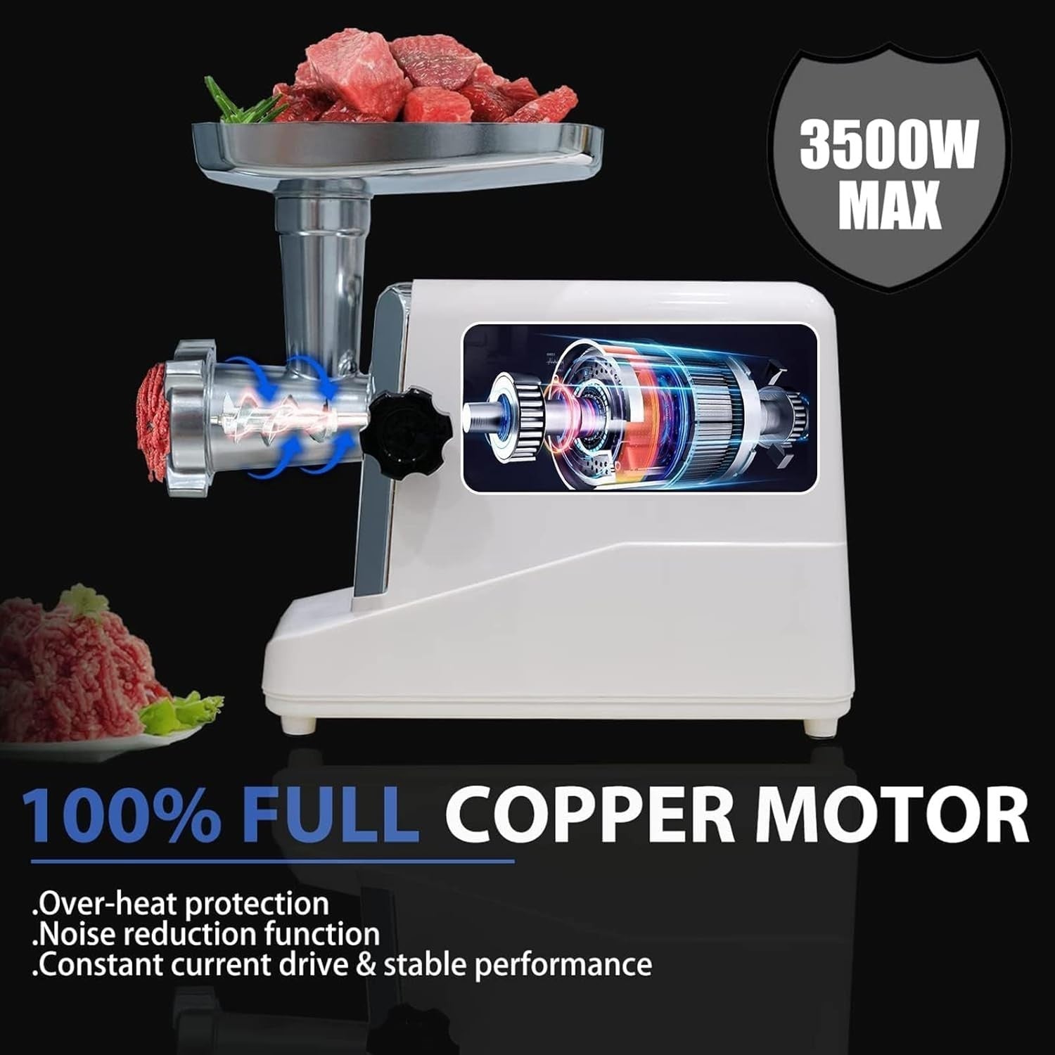 3500W Electric Meat Grinder Sausage Maker Mincer 3 Plates White