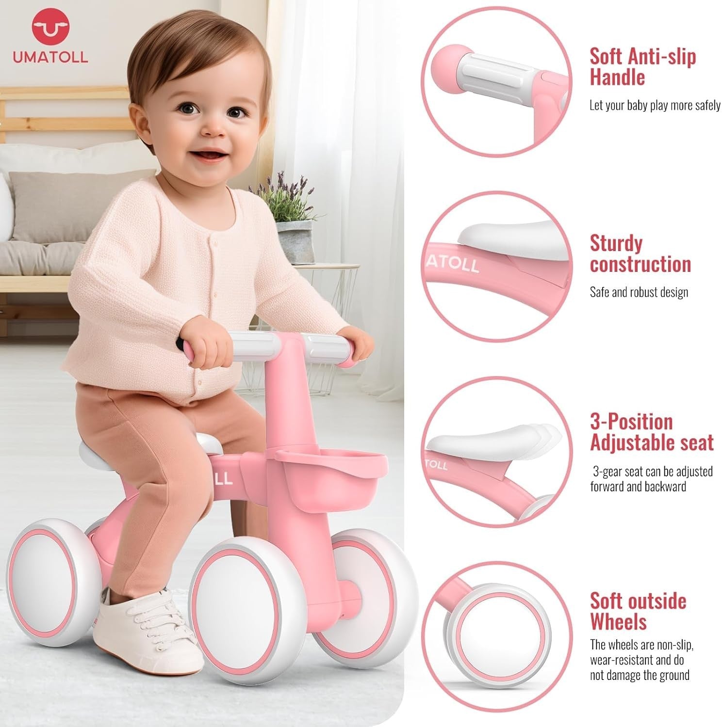 Toddler Balance Bike 12-24 Months Adjustable Seat 4 Wheel Pink