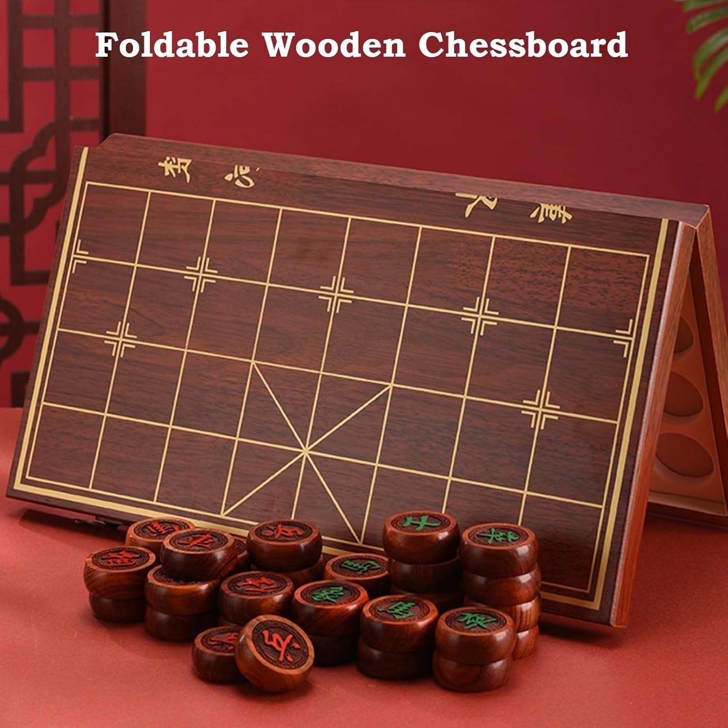 Sandalwood Xiangqi Travel Chess Set Foldable Board 2 Player Game