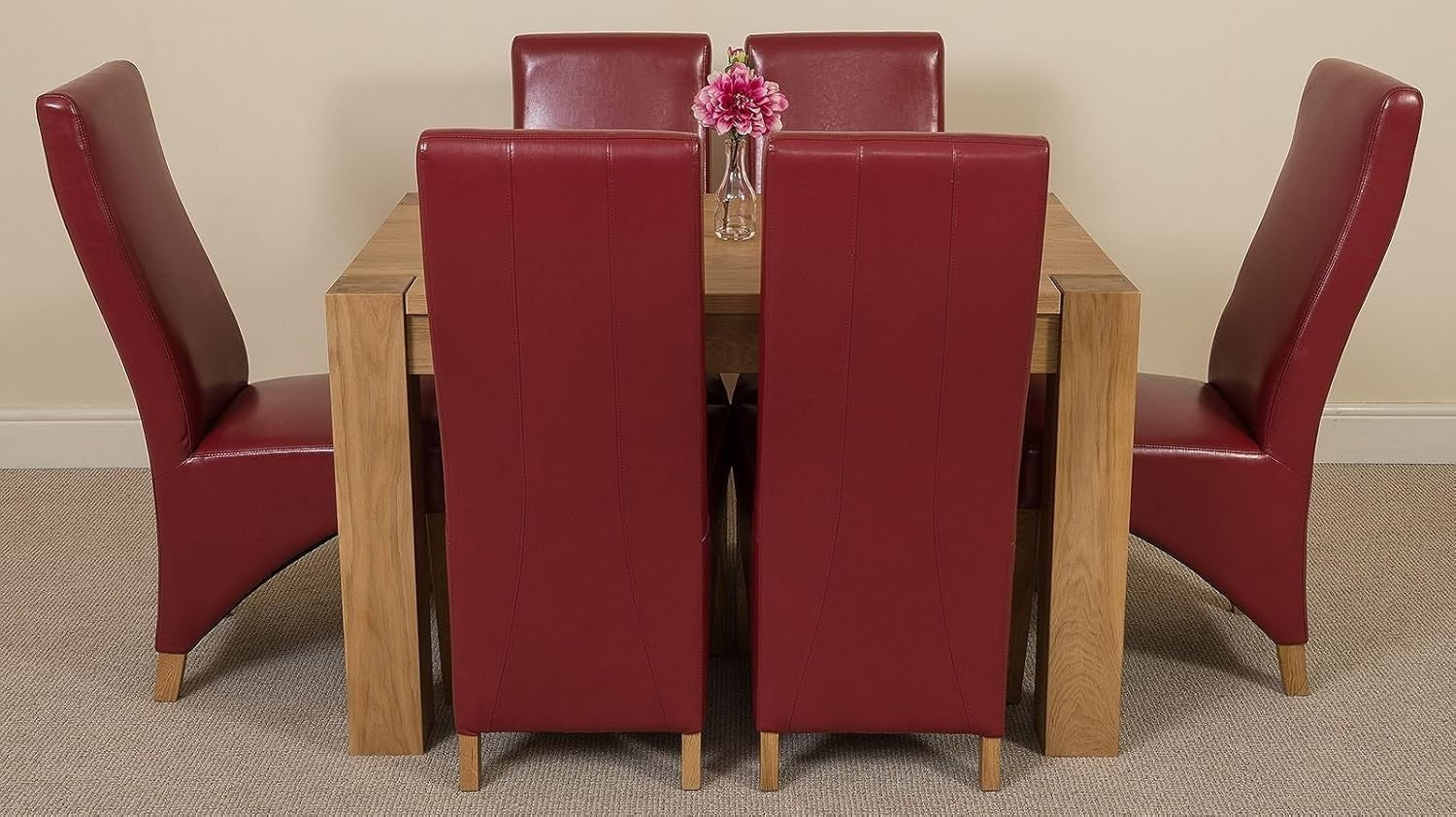 Solid Oak Dining Table & 6 Burgundy Chairs - Compact, Durable & Stylish Set