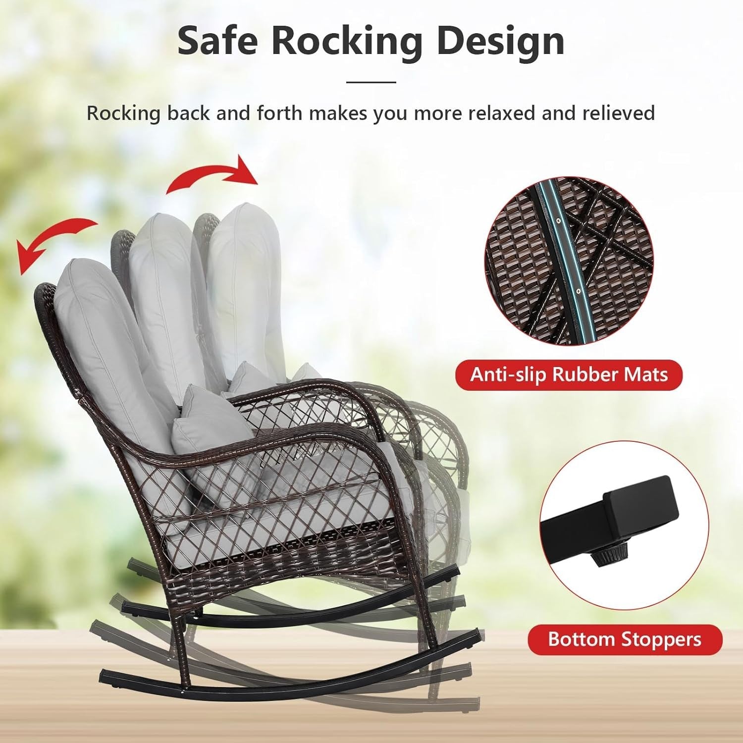 Garden Rattan Rocking Chair Grey Cushioned Outdoor Patio Armchair