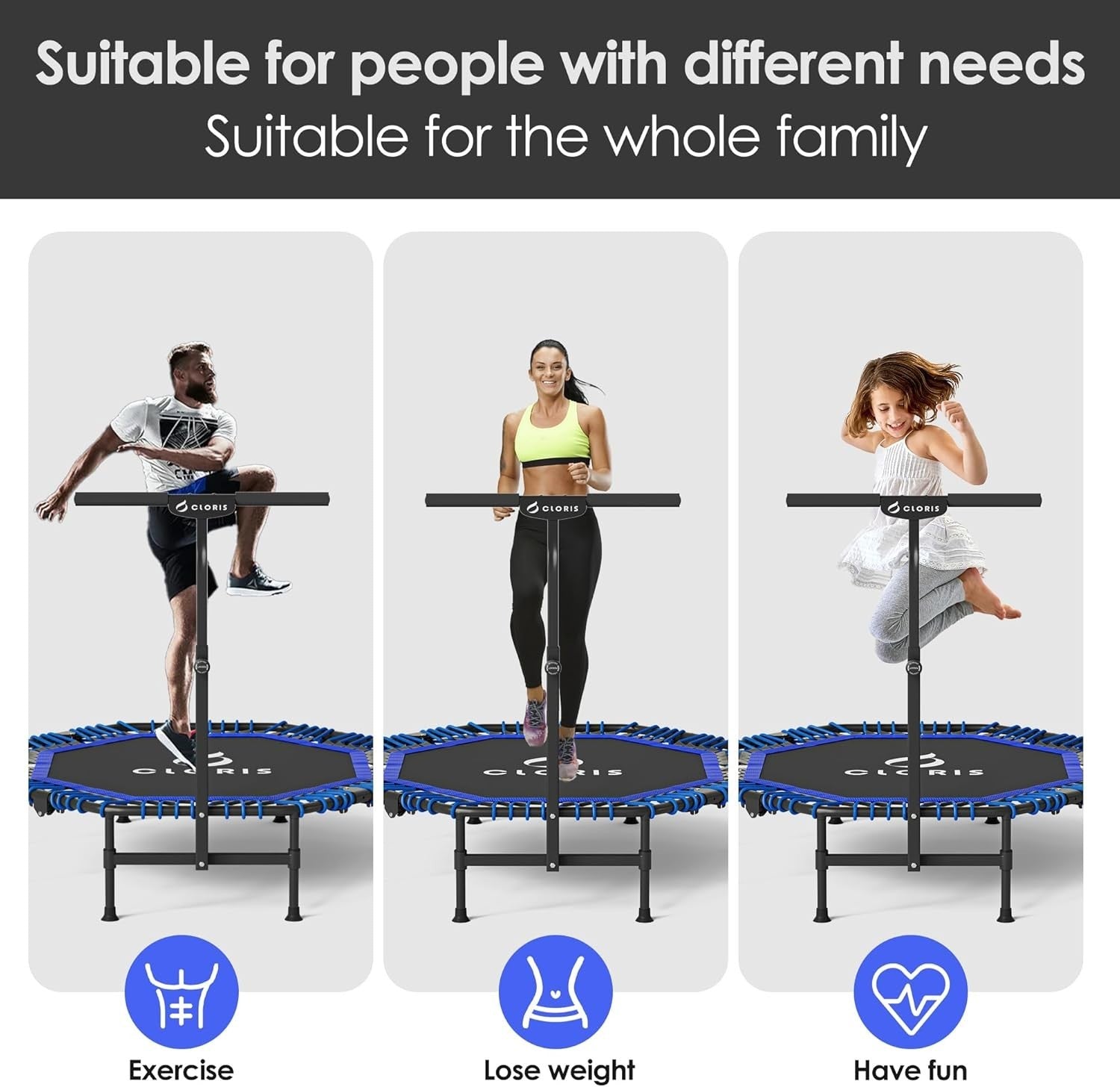 48” Foldable Fitness Trampoline Rebounder Adjustable Handle 450lbs