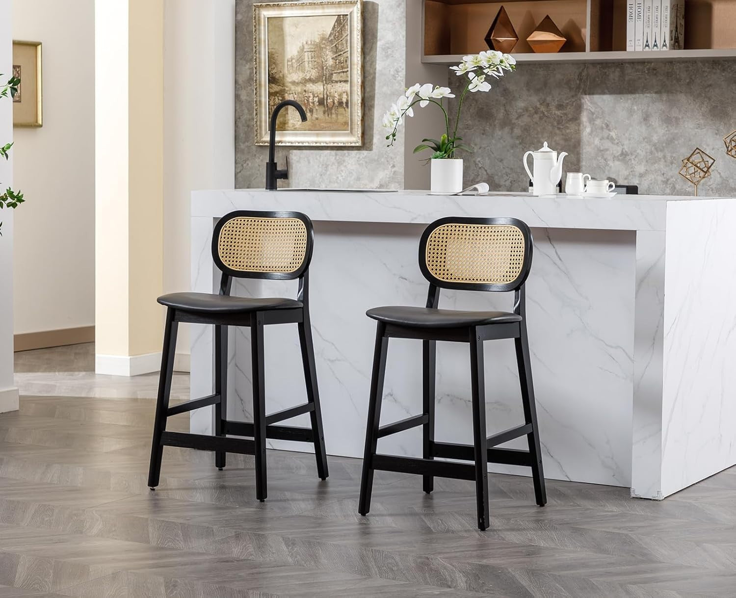 Ergonomic PU Leather Bar Stools with Rattan Backrest & Solid Wood Frame