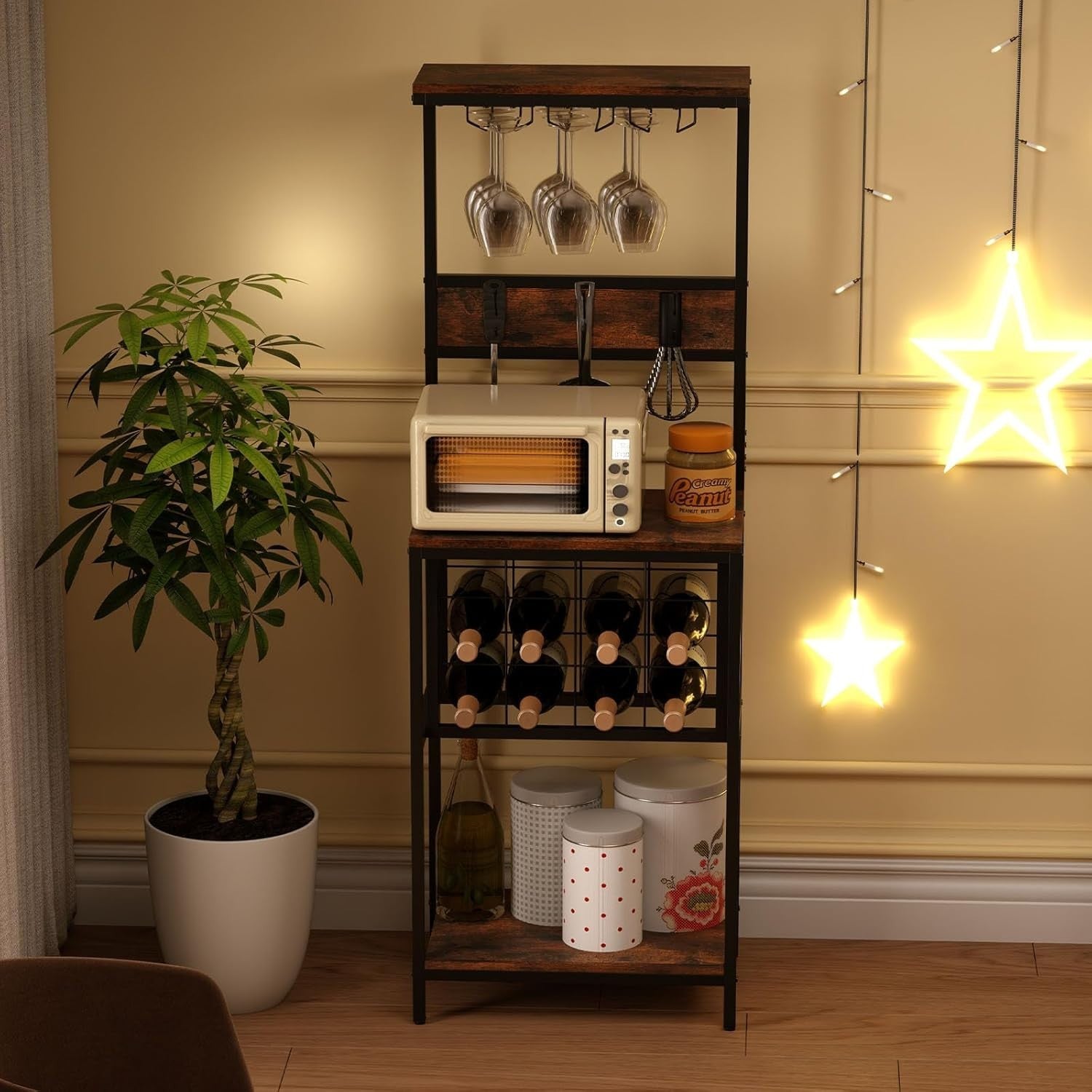 Freestanding Wine Rack Bar Cabinet with Glass Holder & Storage Shelves