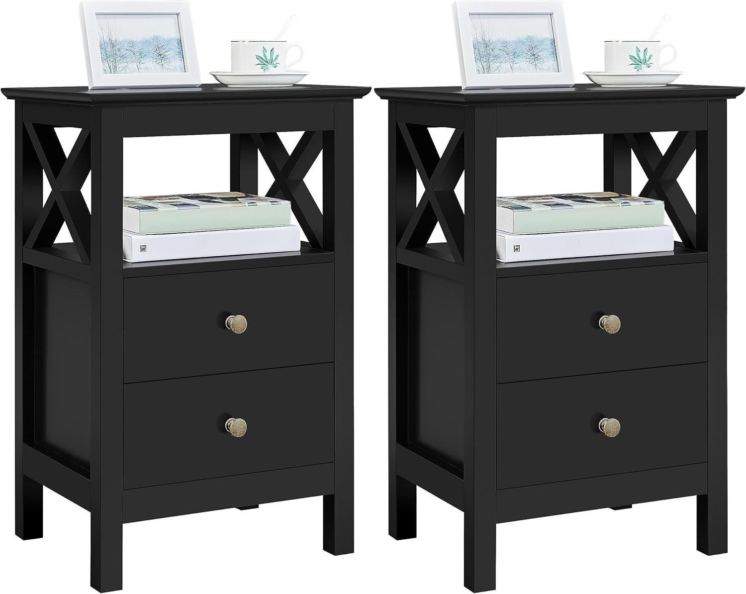 Set of 2 Black Bedside Tables with Drawers & Shelf | Modern Nightstands