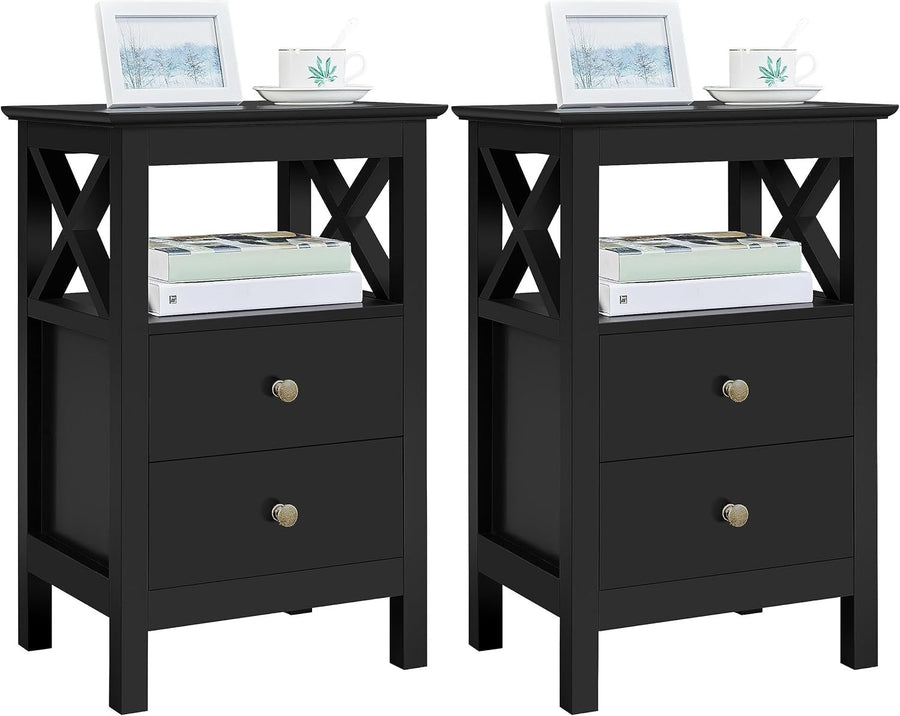 Set of 2 Black Bedside Tables with Drawers & Shelf | Modern Nightstands