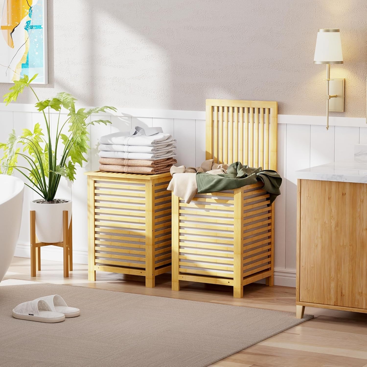Natural Bamboo Double Laundry Hamper with Lid 120L 2 Section Basket 47x47x65cm