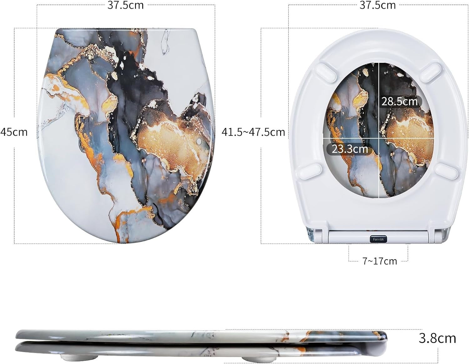 Marble Effect Toilet Seat Soft Close Duroplast Quick Release Top Fix 45x37cm
