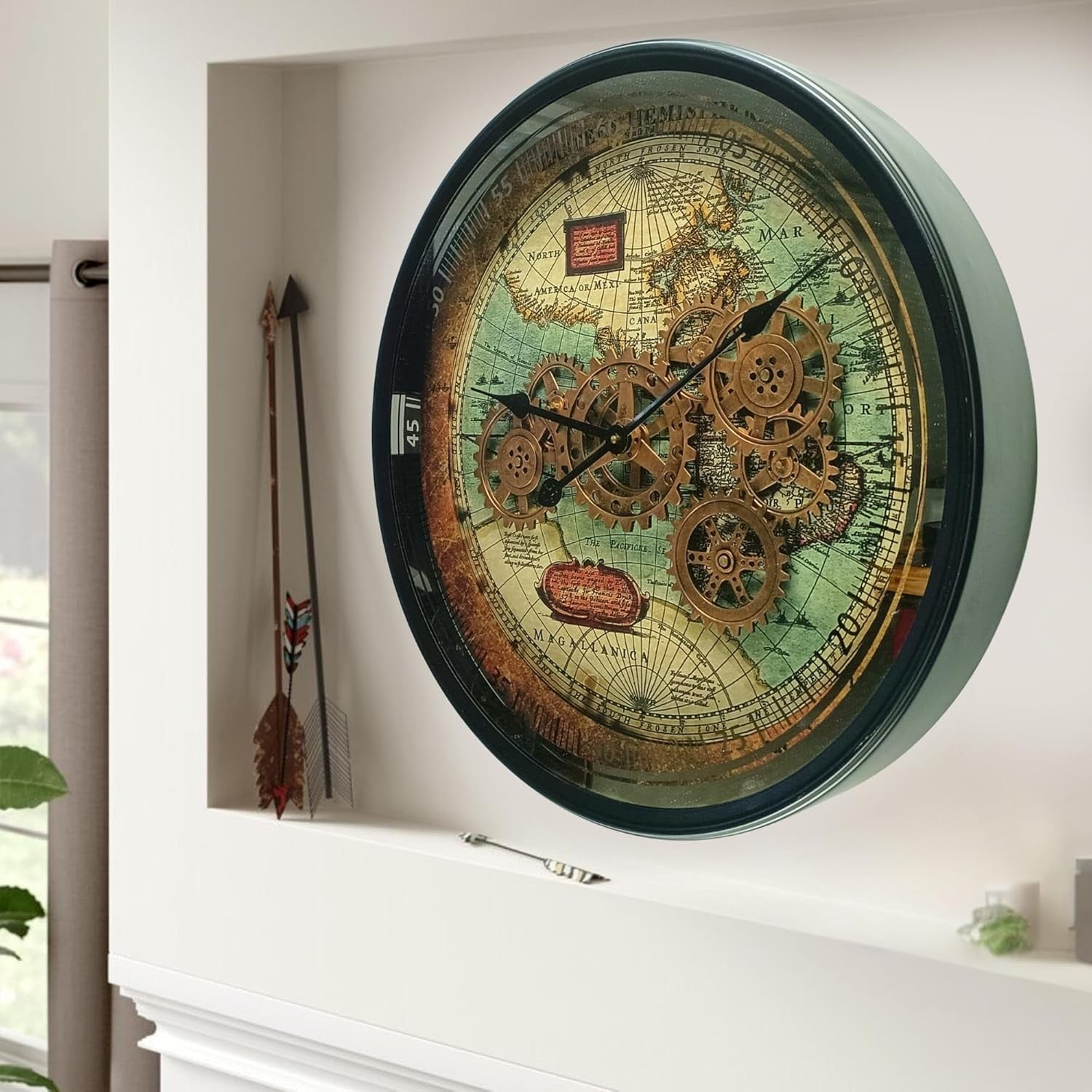 24” Moving Gear Wall Clock Vintage Retro Round Metal Map Design 60cm