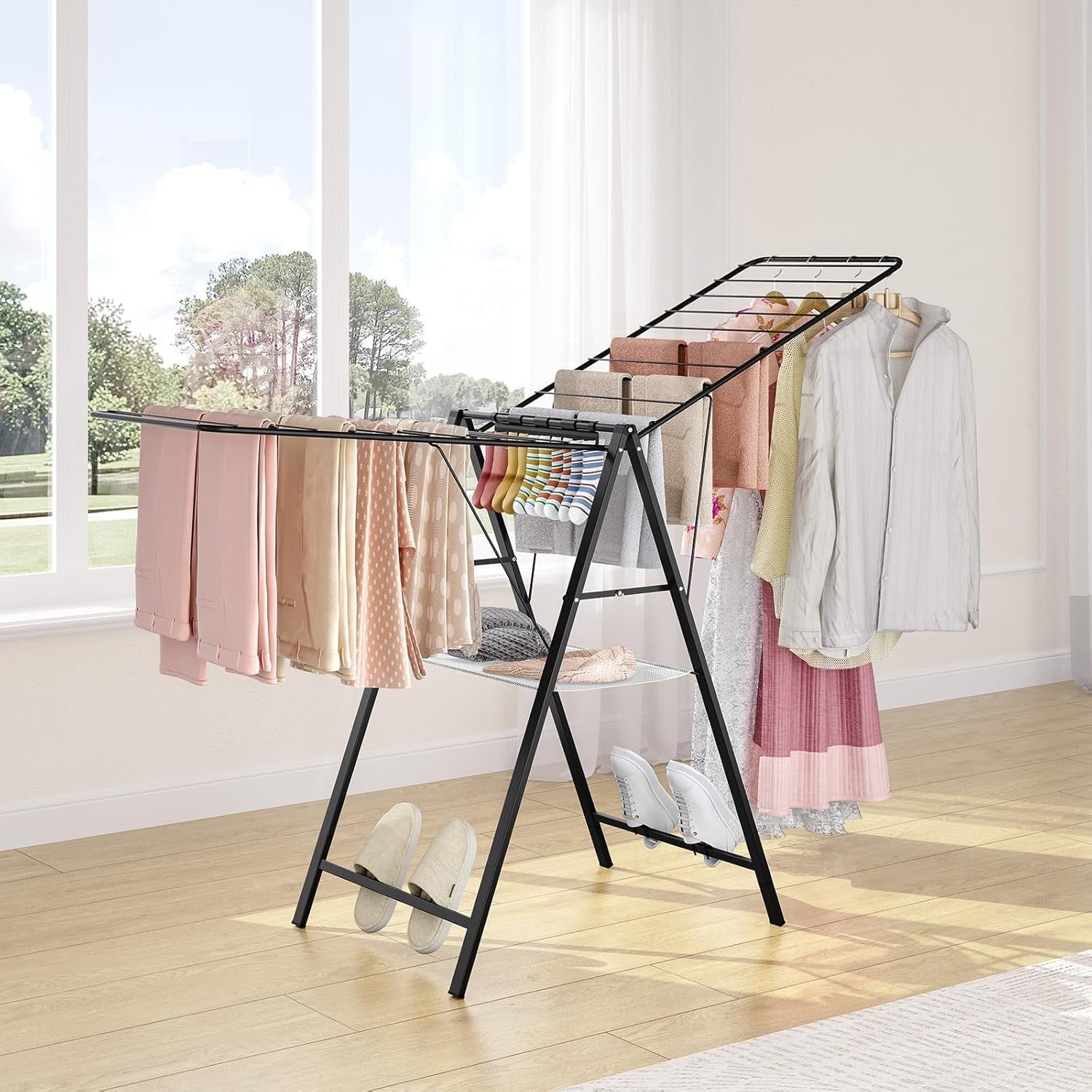 Large Foldable Clothes Drying Rack Adjustable Height Indoor Outdoor