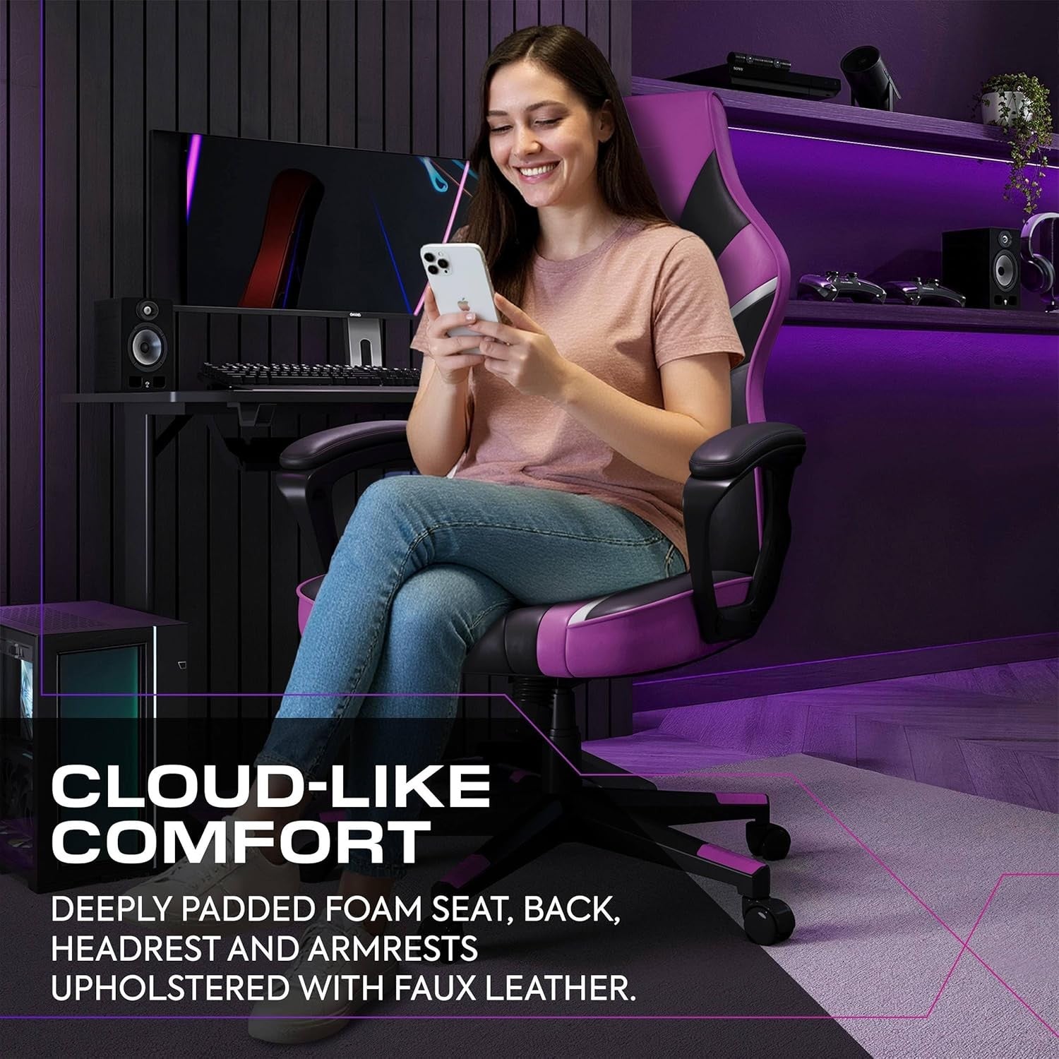 Ergonomic Gaming Chair High Back Wide Seat Purple