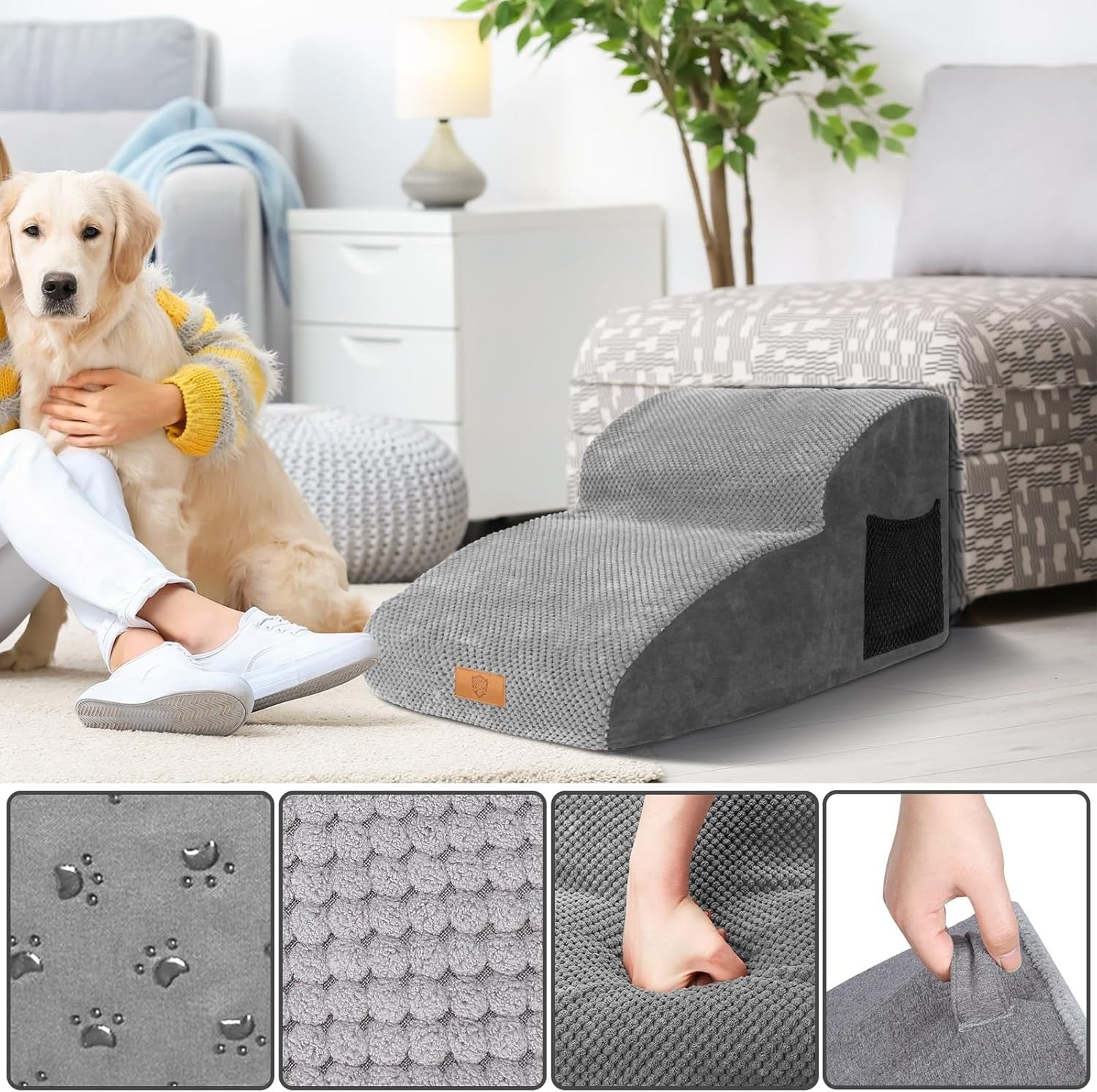 Grey 2 Step Extended Dog Stairs 30D Foam 55x40x30cm