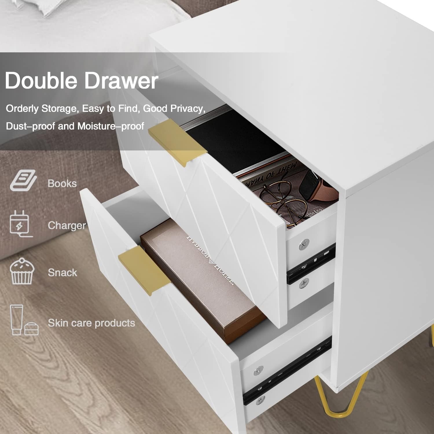 Set of 2 White Bedside Tables with Gold Legs | Modern 2 Drawer Nightstands