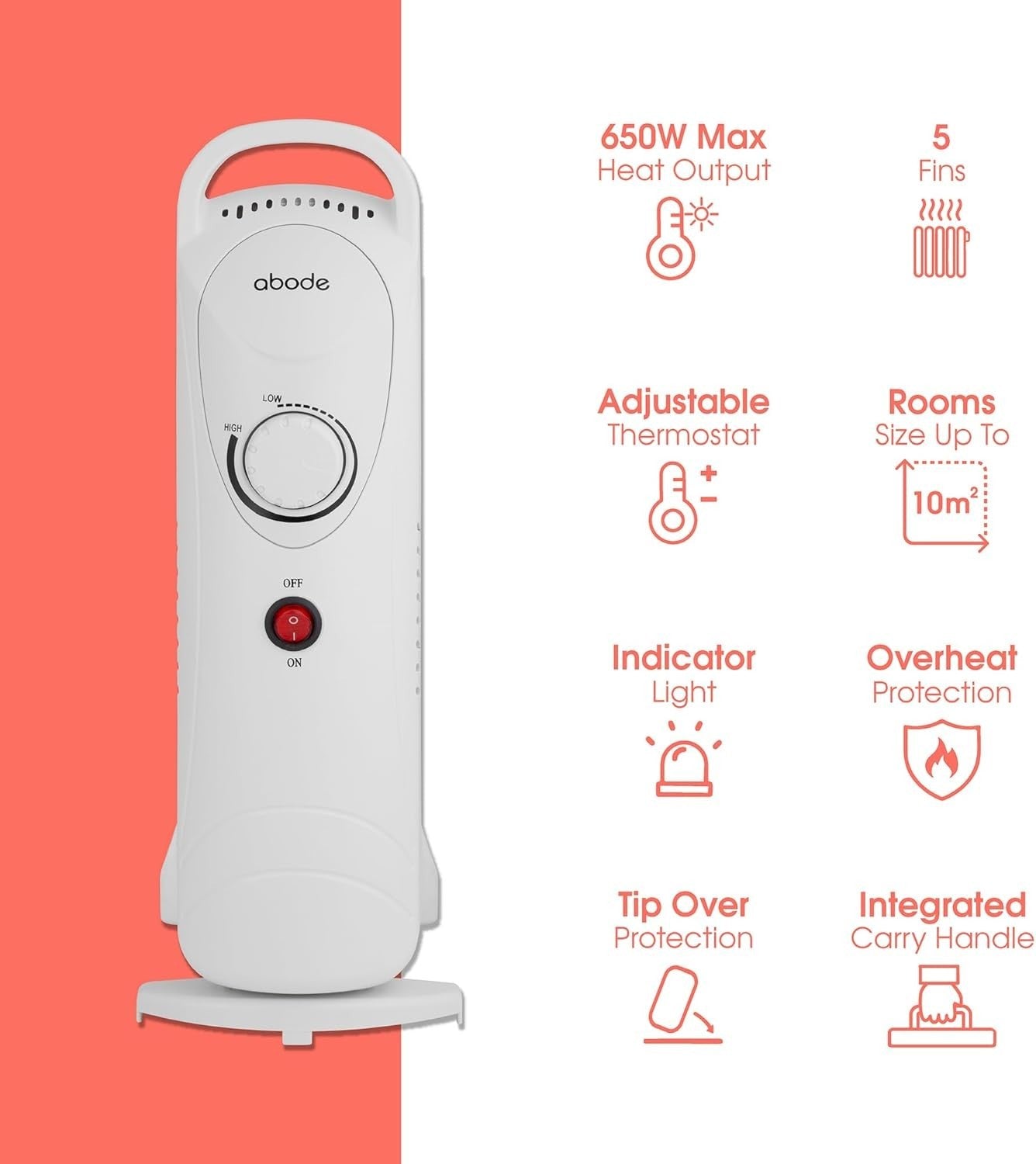 650W Oil Filled Radiator Heater 5 Fin Portable Electric Thermostat