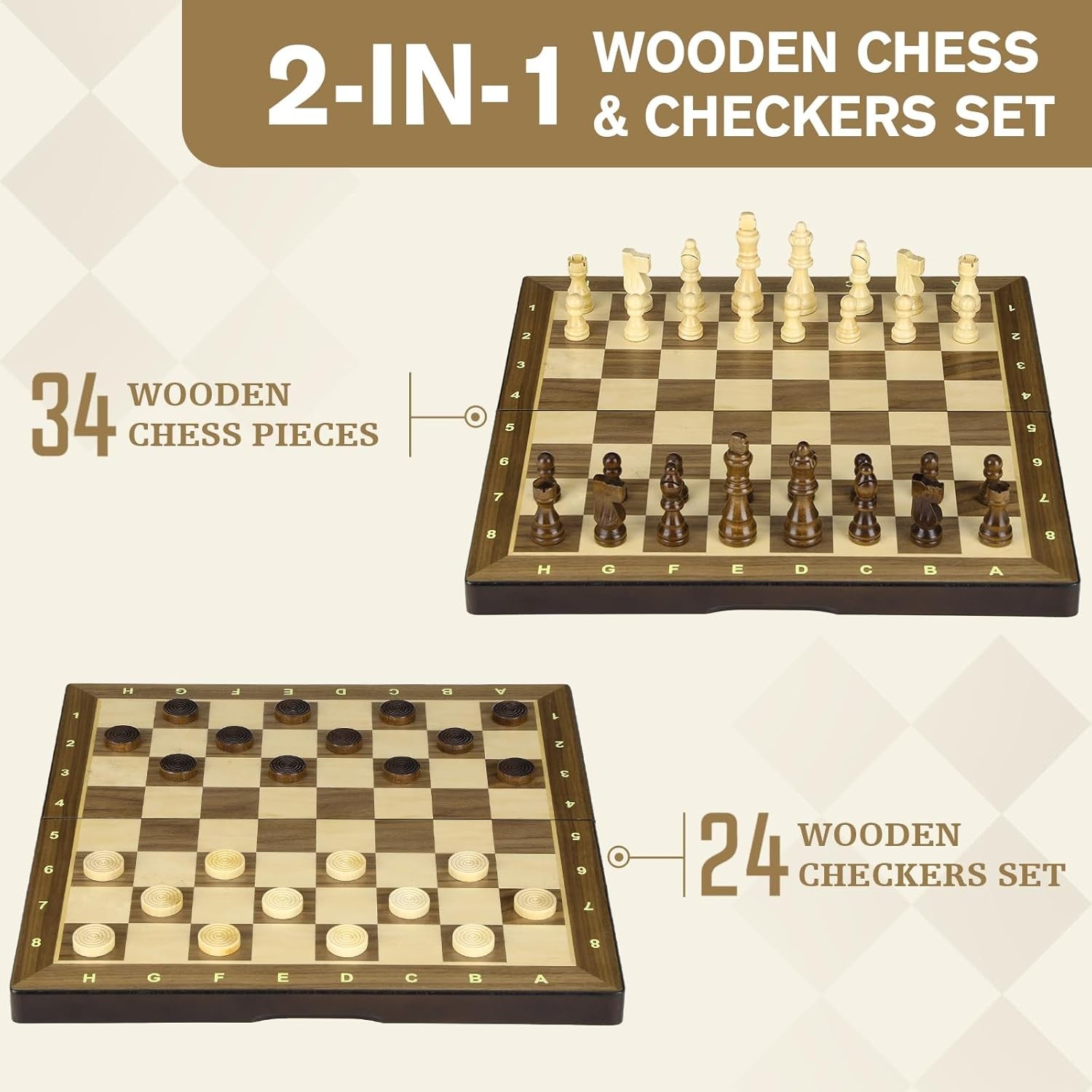 Luxury Magnetic Chess & Draughts Set 15" Foldable Walnut Board w/ Extra Queens
