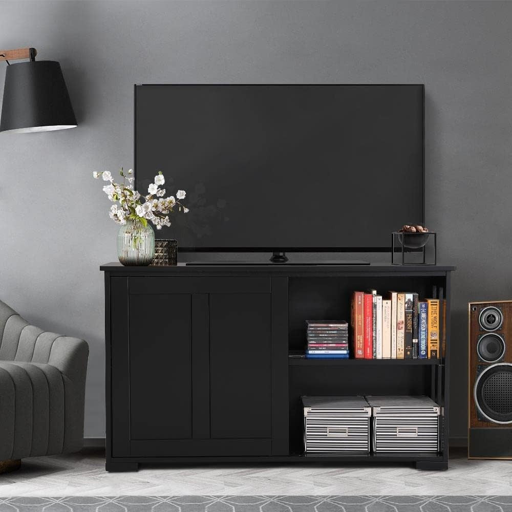 Set of 2 Black Sideboard Buffet Cabinets | Sliding Door Storage Units with Shelv