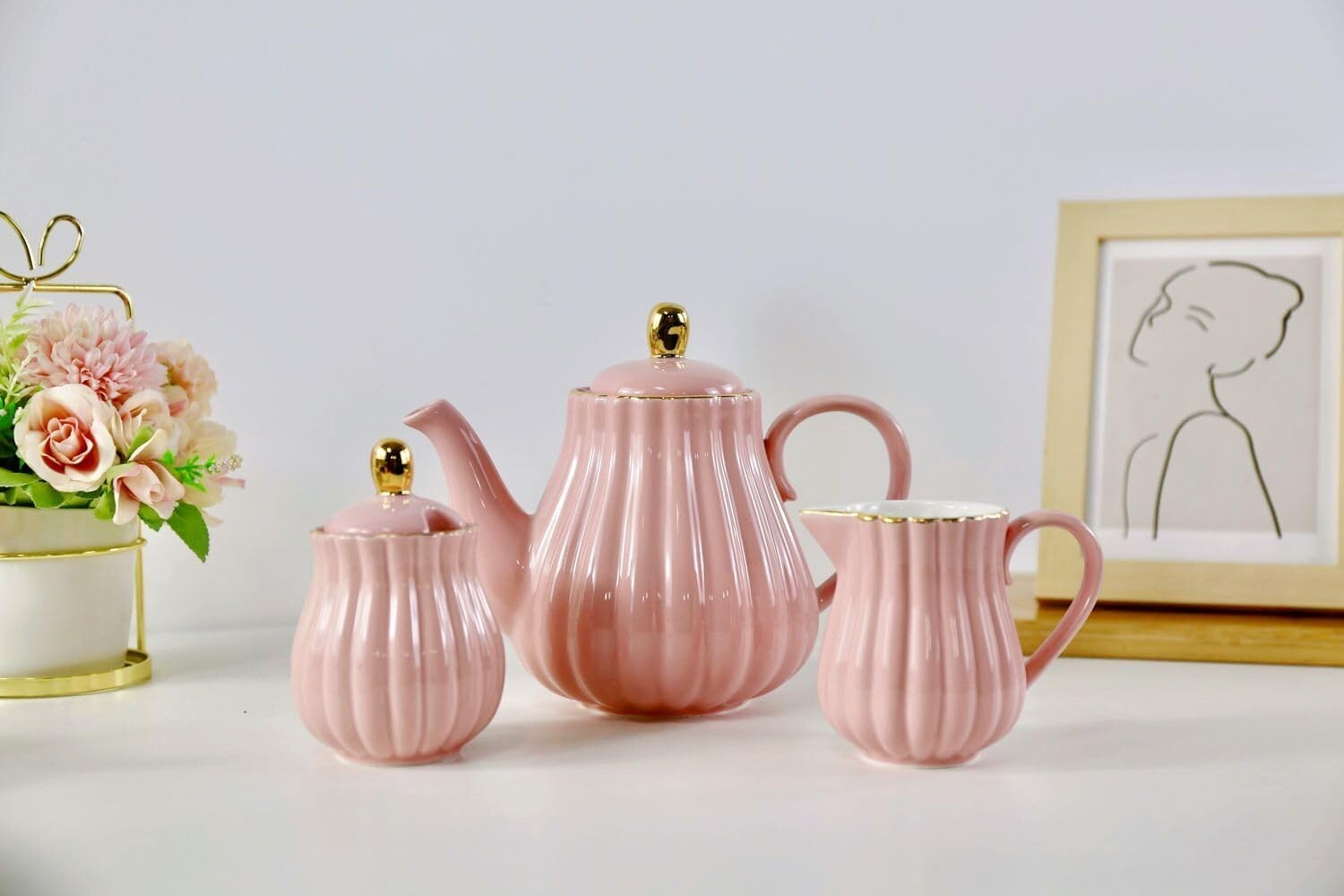 Vintage Porcelain Tea Set Teapot Milk Jug Sugar Bowl Pink Floral