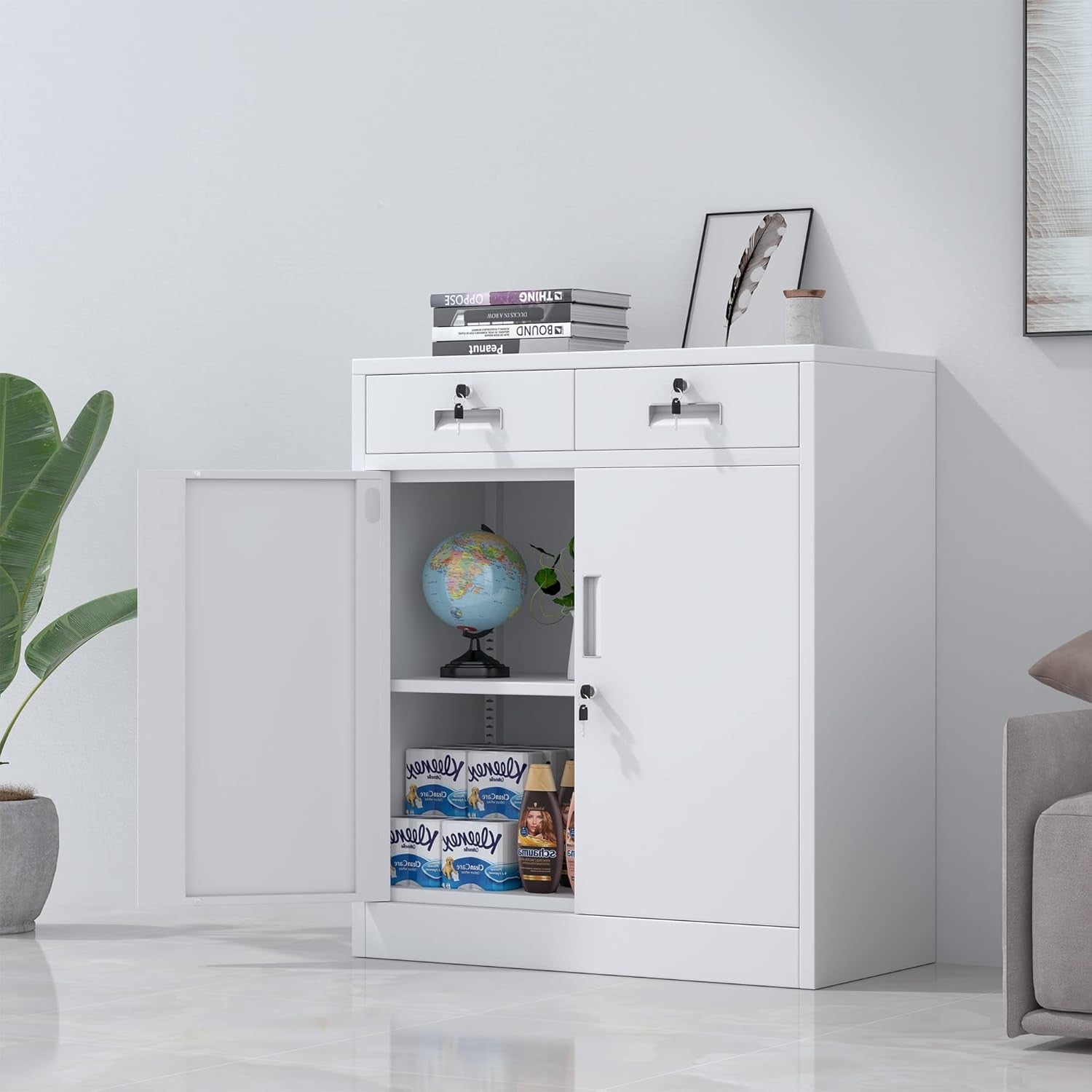 Lockable Metal Storage Cabinet White 2 Door Cupboard 2 Drawers Adjustable Shelf