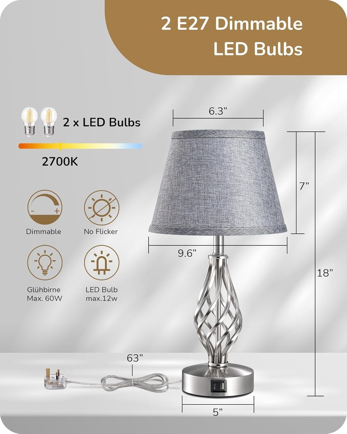 Dimmable Bedside Table Lamps Set of 2 with USB Charging & Touch Control