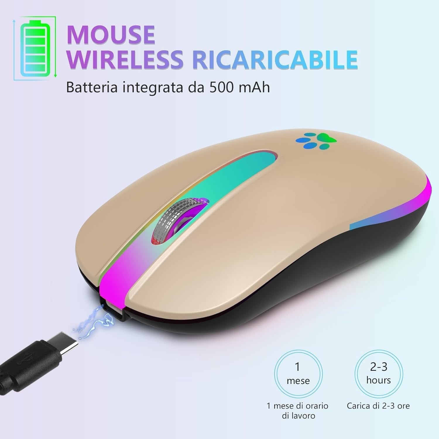 Pink Rechargeable Wireless Mouse Bluetooth 1600 DPI RGB USB