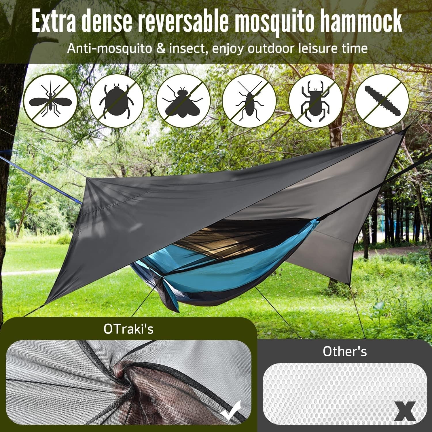 Portable Camping Hammock with Mosquito Net & Rain Fly, 290x140 cm, 200kg Load