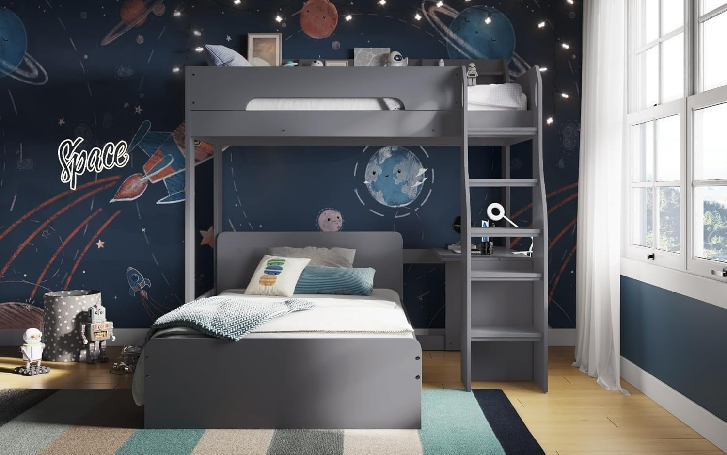 Triple Bunk Bed L Shape Grey Kids Storage Bed Frame Space-Saving Design