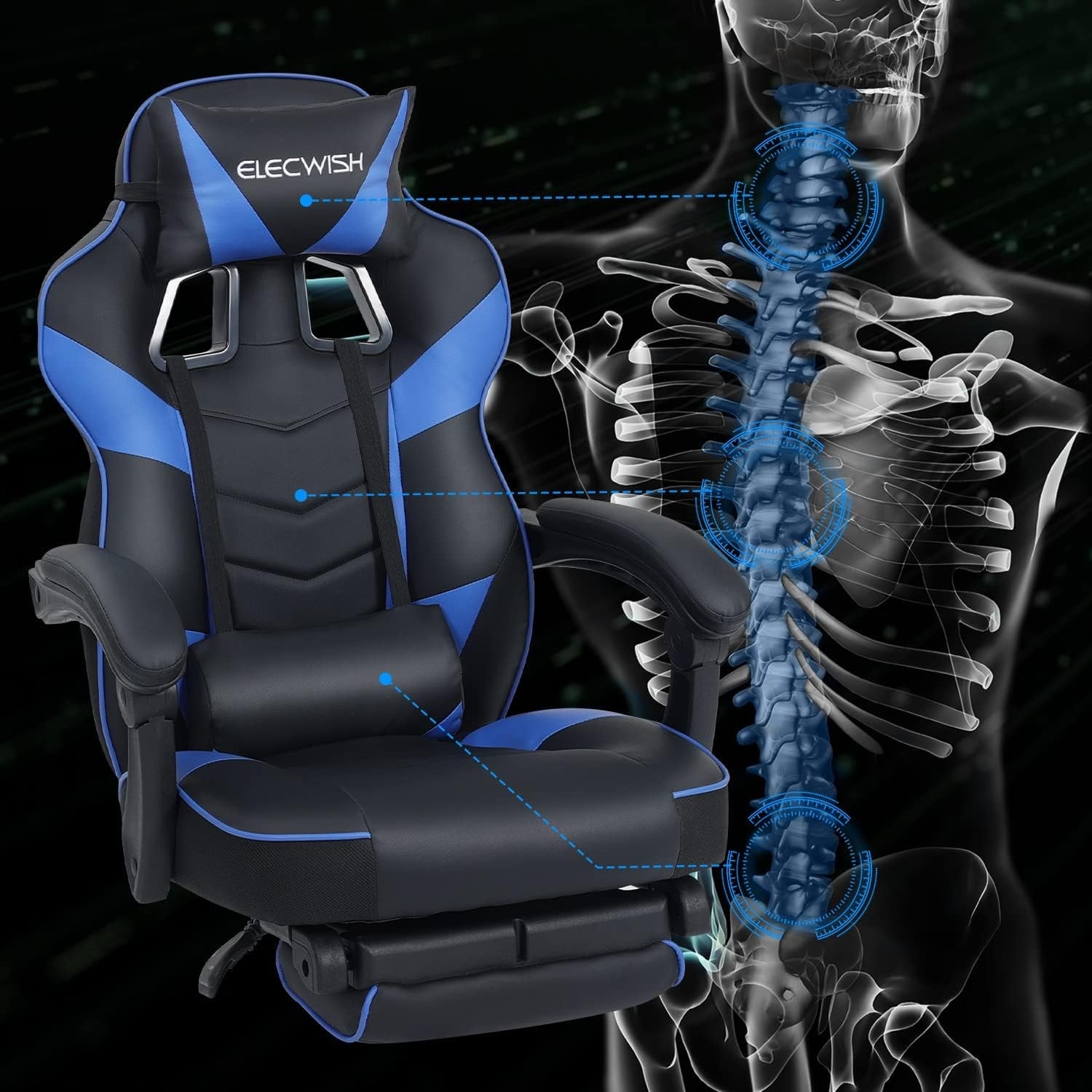 Gaming Chair with Massage & Footrest Reclining Ergonomic Blue