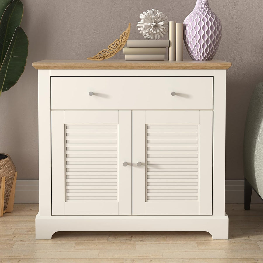 Modern Storage Cabinet Sideboard 2 Door 1 Drawer Ivory Oak Hallway Unit