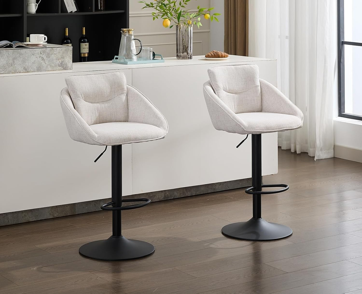 Adjustable Swivel Bar Stools Set of 2 | Linen Seat, Metal Base, Modern
