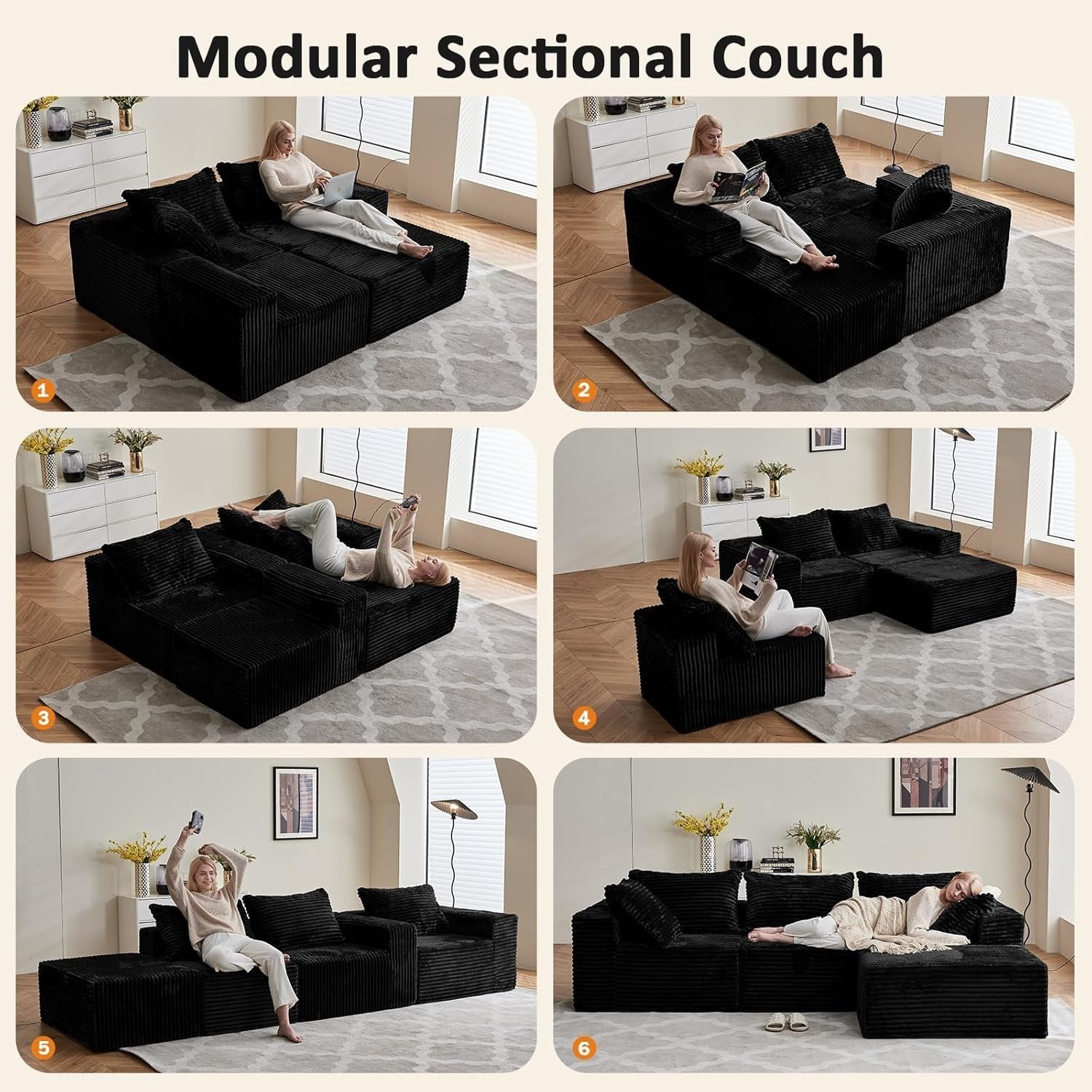 Modular 3/4 Seater Sofa Black Corner Couch No Assembly, Memory Foam, 274cm