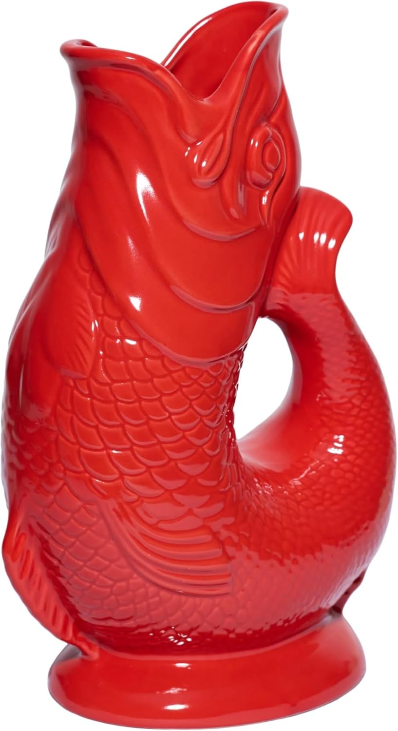 Red Fish Shaped Glug Jug Ceramic Water Pitcher Decorative 0.6L 22cm