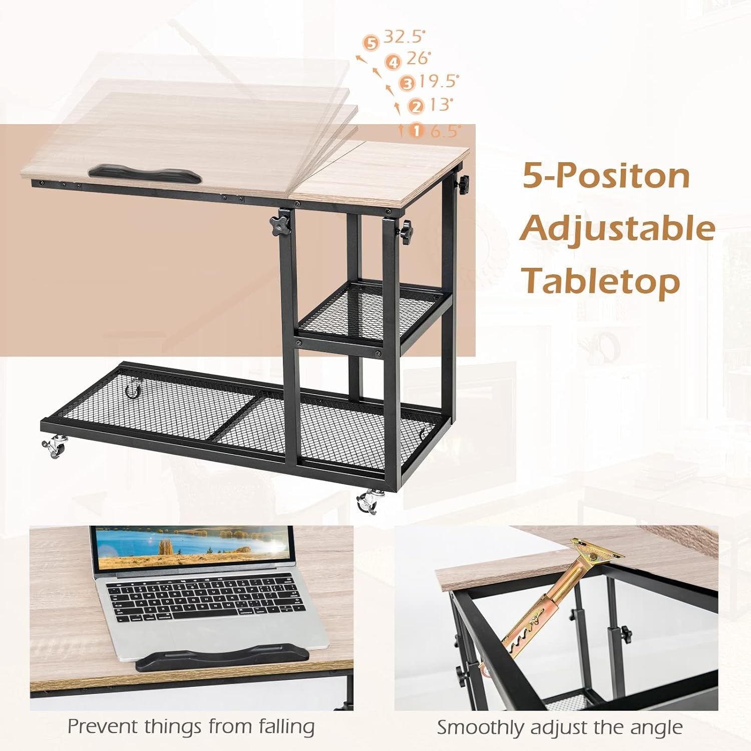 Natural Wood Overbed Table with Wheels Adjustable Sofa Side Laptop Desk