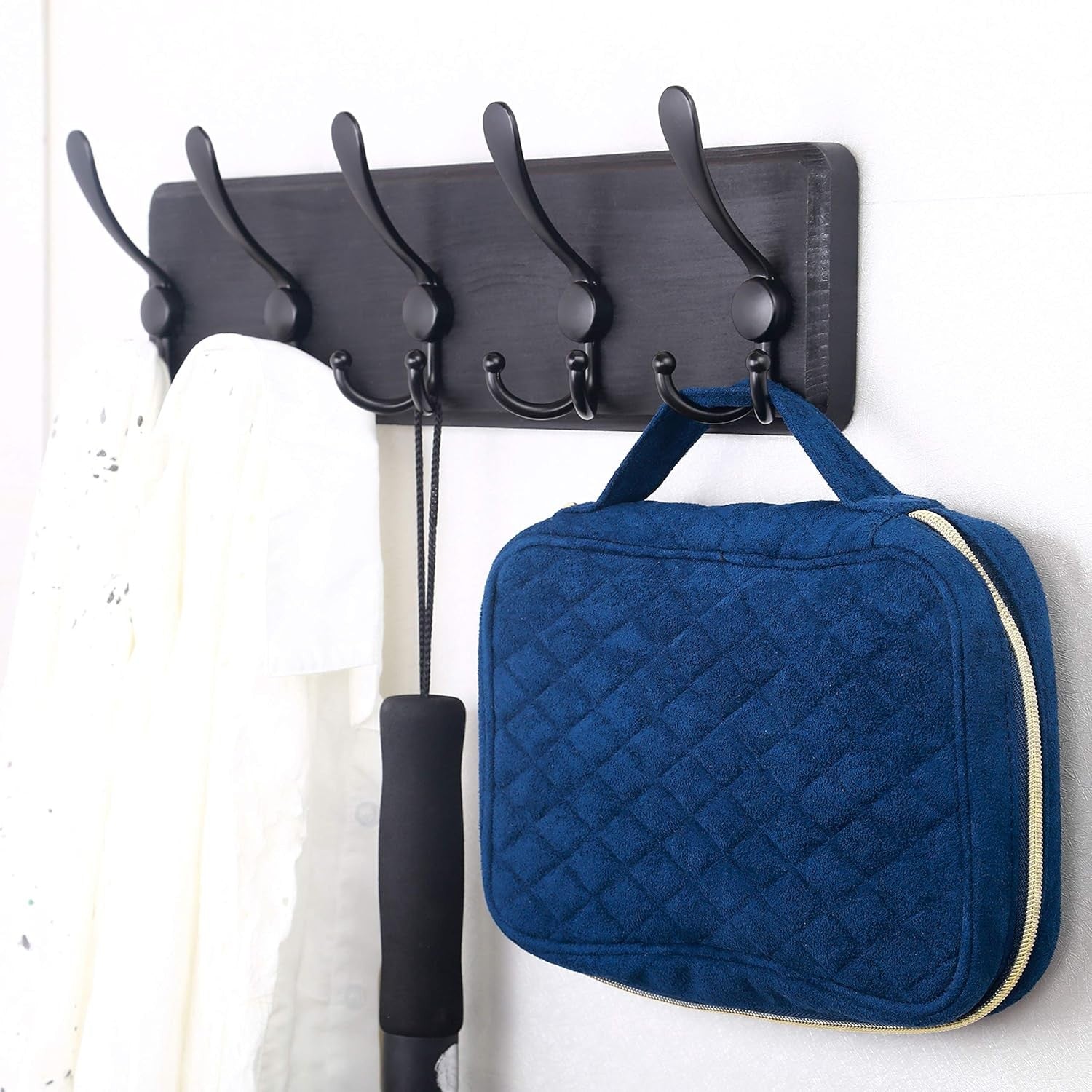 Set of 2 Black Wooden Wall Coat Racks | Heavy Duty 5 Triple Hooks Rustic Organiz