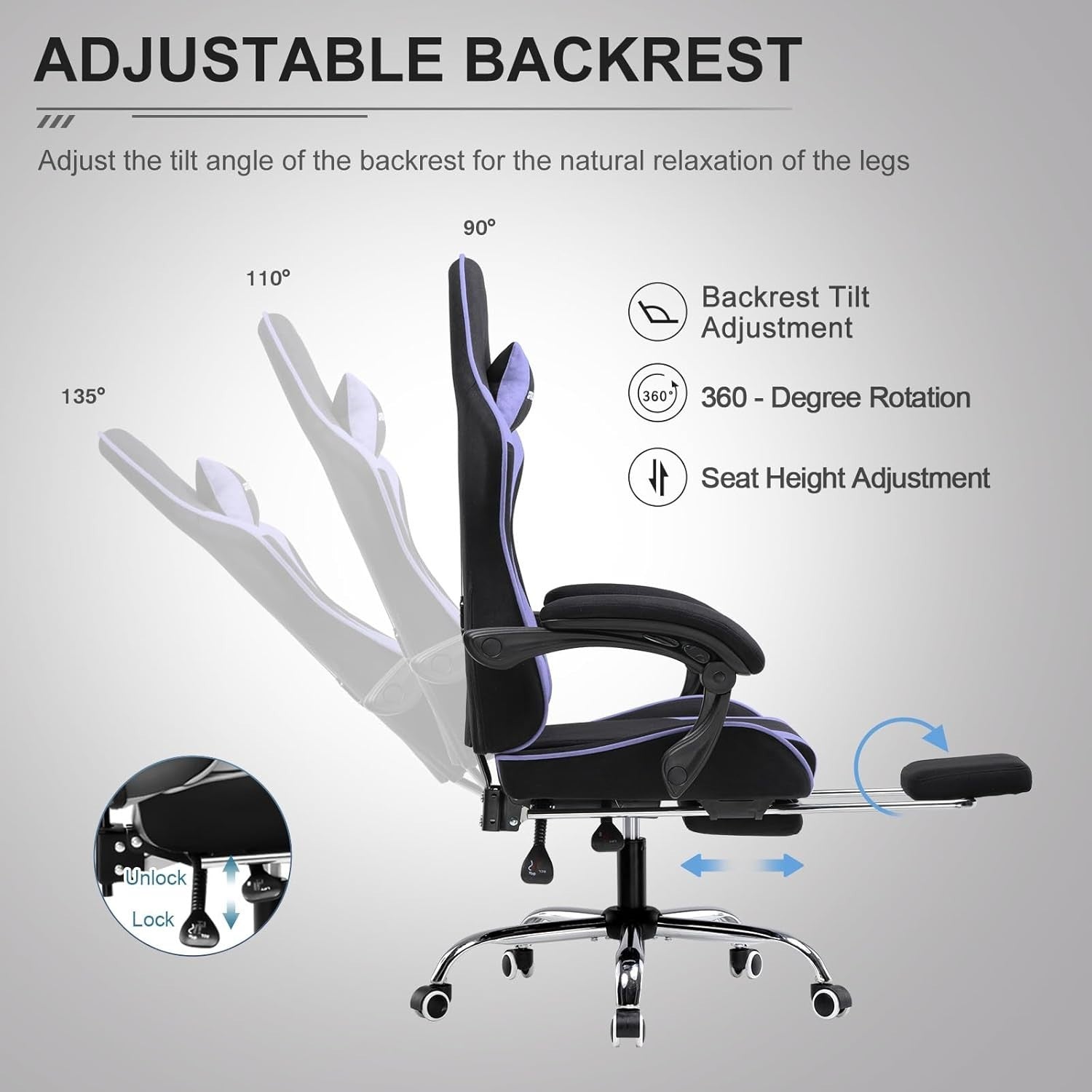 Ergonomic Gaming Chair Fabric Reclining Office Desk Swivel w/ Footrest Massage