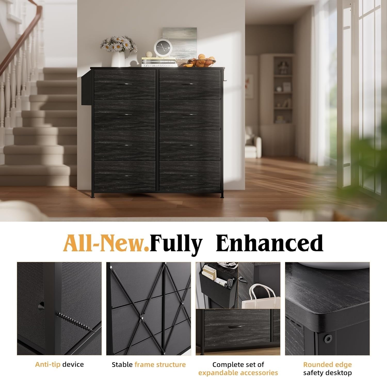 8 Drawer Black Fabric Storage Cabinet w/ Side Pocket 80x30x97cm