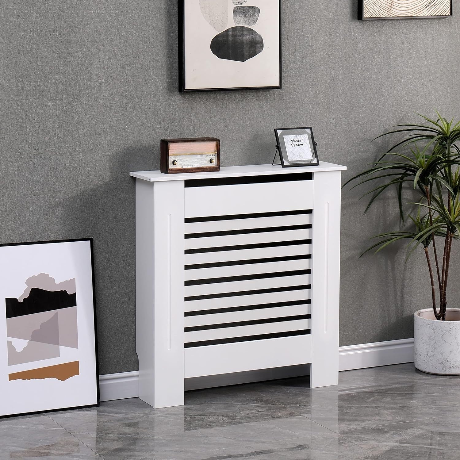 White MDF Radiator Cover | Modern Horizontal Slat Cabinet – Small, Stylish