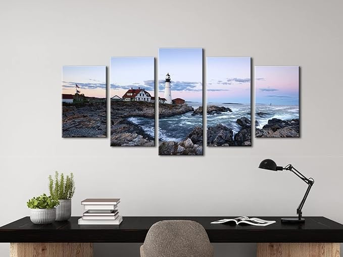 Wieco Art Island 5-Piece Modern Stretched Canvas Seascape Lighthouse Wall Art