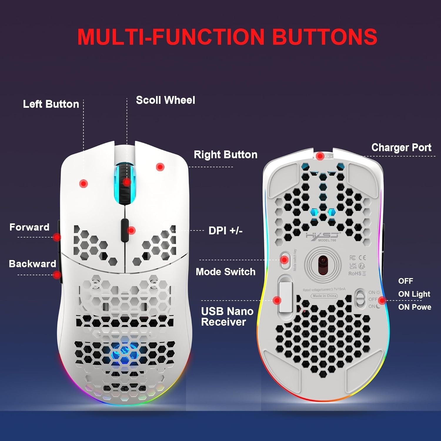 Wireless RGB Gaming Mouse 3600 DPI Honeycomb Lightweight