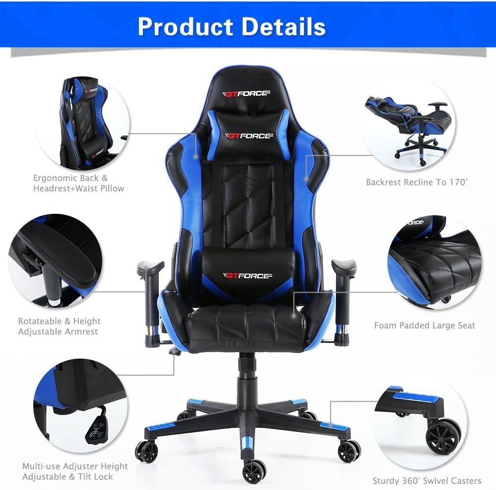 Reclining Gaming Chair Faux Leather Swivel High Back Blue