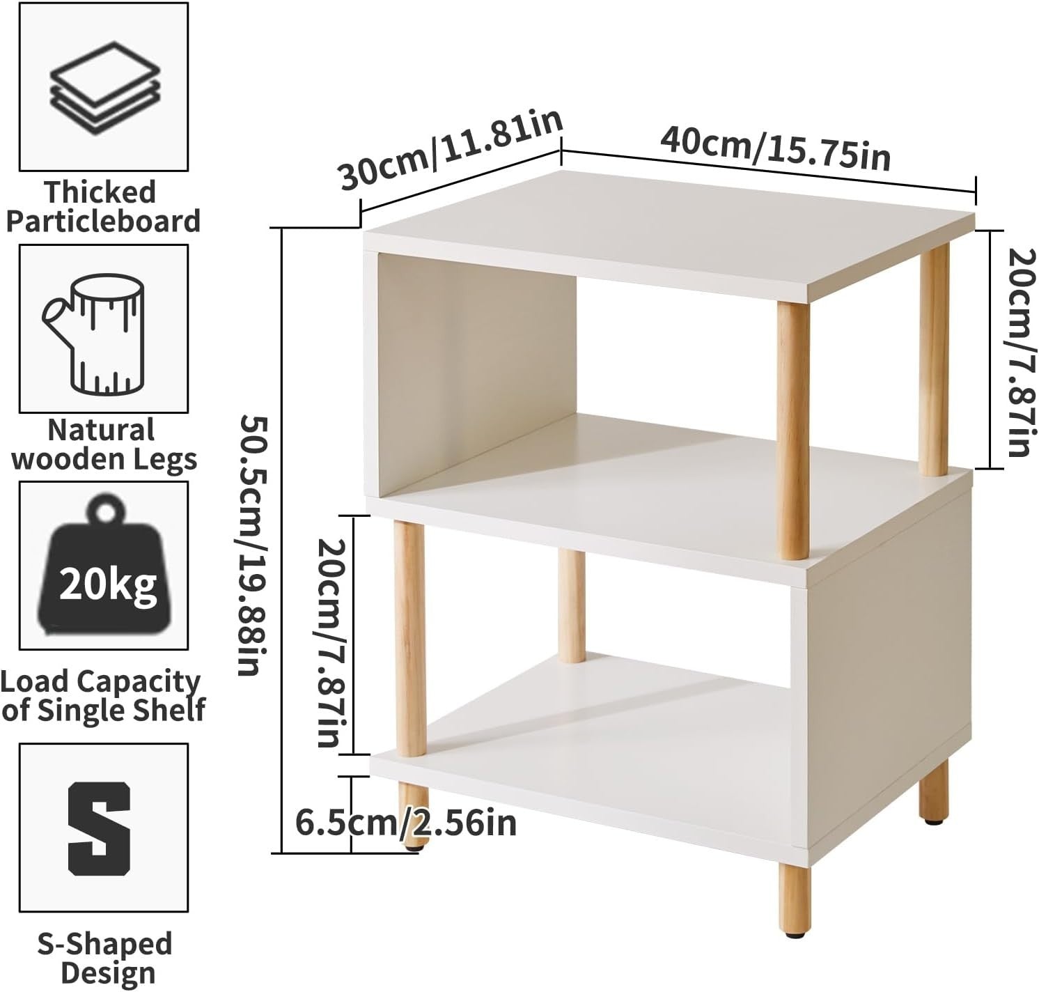Modern White S-Shaped Side Table with Storage Shelves & Natural Wood Legs
